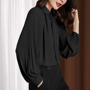 黑色雪纺衬衫女灯笼袖，百褶2023春秋气质，高端宽松减龄百搭上衣