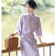 洛古仙春夏季文艺复古中国风改良版大小姐文艺立领紫色旗袍裙