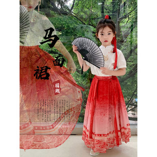 女童旗袍儿童红色马面，裙中国风长裙汉服民族风，唐装女孩夏季套装