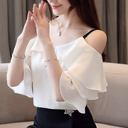荷叶边短袖雪纺衫女2023夏季韩版白色时尚吊带显瘦露肩上衣潮