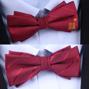 时尚双层红色领结男结婚新郎婚礼，喜蝴蝶结伴郎兄弟团黑色西装领带