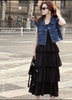 A212韩版时尚单排扣无袖牛仔短外套女夏季坎肩马甲黑色蛋糕裙
