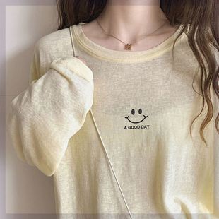 防晒衣女2024夏季面膜t恤长袖韩国宽松外穿黄色镂空空调罩衫上衣
