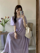 紫色泡泡袖连衣裙，女韩版初恋复古高腰，宽松短袖褶皱长裙