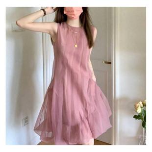 夏季超仙气质仙女裙，法式茶歇jue美网纱粉色，无袖连衣裙吊带蓬蓬裙