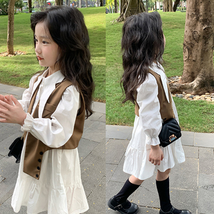 女童尖领长款衬衫，白色连衣裙20234年春款童装咖啡色儿童马甲外套