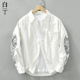 秋季日系复古民族风印花设计长袖，衬衫男宽松休闲纯棉衬衣外套白色