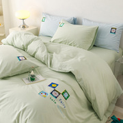 A类全棉刺绣四件套萌趣卡通单被套纯棉床单儿童床上三件套1.2m1.5