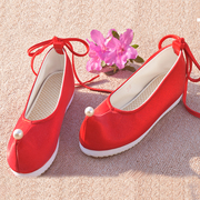 绣花鞋汉服鞋子女翘头履纯色，弓鞋布鞋红色，平底古风淑女紫色翘头鞋