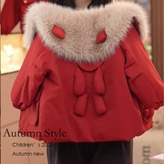 女童棉衣冬装派克服2024韩版红色新年装宝宝加绒加厚棉服外套