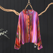 宽松慵懒长袖色织拼接衬衫蝙蝠衫，女春夏季随性彩条，100%细苎麻罩衫