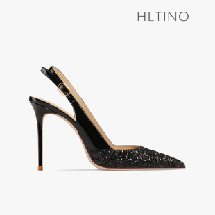 hltino2024春季黑色尖头高跟鞋，一字带亮片漆皮，包头凉鞋女细跟