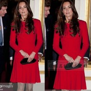 高端定制凯特王妃同款红色，百褶连衣裙女长袖，中款修身优雅时尚大方