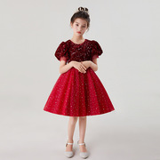 女童短袖晚礼服网纱蓬蓬，短款公主裙，甜美表演主持节目红色连衣裙