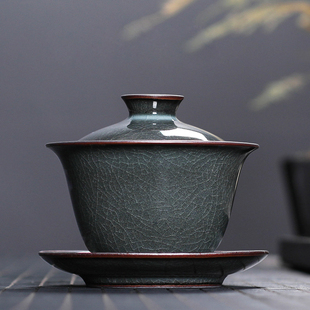 青瓷三才盖碗茶杯大号，龙泉冰裂陶瓷手工泡茶功夫，茶具中式复古家用