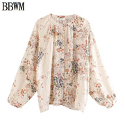 BBWM  欧美女装复古时尚金丝雪纺印花圆领开襟衬衫上衣