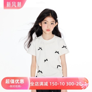 2025夏季新款女童立体蝴蝶结短袖T恤中大童圆领印花修身短款上衣