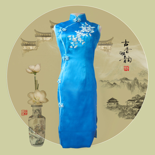 中国特色苏绣纯手工，刺绣花宝蓝色重镑真丝，绸缎无袖旗袍晚礼服