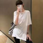 韩国版型设计简约百搭垂感宽松中长款纯色短袖t恤衫女夏装莫代尔