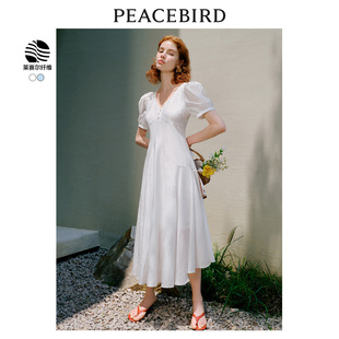 太平鸟2023年夏季设计感白色连衣裙，法式优雅收腰重工长裙女