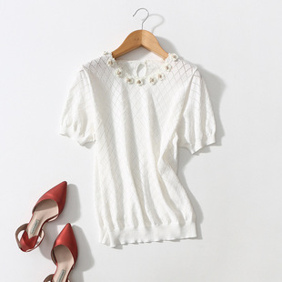 夏季 镂空菱形立体花短袖针织套头衫上衣女勤优雅纯色套头T恤白色