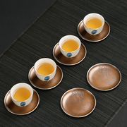 纯手工錾刻铜茶杯垫紫铜包银茶托，仿古功夫茶具配件日式茶杯托