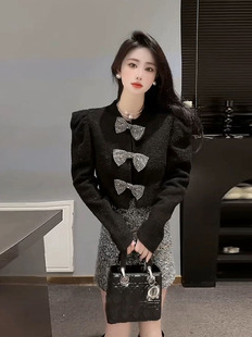 黑色泡泡袖小香风外套2024女时尚洋气设计感蝴蝶结短款小西装