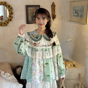 森系复古刺绣娃娃领绿色碎花，衬衫荷叶蕾丝，灯笼袖减龄娃娃衫上衣