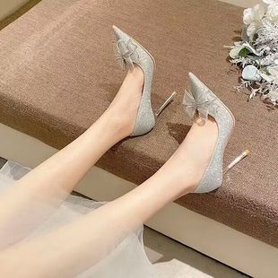 法式水晶鞋2023春秋银色婚鞋水钻，蝴蝶结尖头高跟鞋，女细跟单鞋