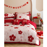 简约新婚庆(新婚庆)红色四件套，全棉双面100s印花刺绣结婚被套纯棉床单礼物