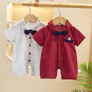满月婴儿衣服短袖夏季百天周岁礼服洋气条纹衬衫纯棉男宝宝连体衣