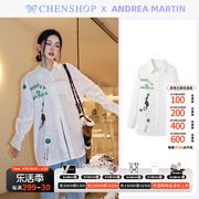 Andrea Martin时尚白色字母小猫拼接衬衫长袖CHENSHOP设计师品牌