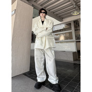 韩国东大门小众白色西服套装男高级感垫肩缎面阔腿长裤两件套时尚
