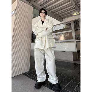 韩国东大门小众白色西服套装男高级感垫肩缎面，阔腿长裤两件套时尚