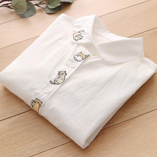 日系文艺小清新刺绣猫咪童趣卡通纯棉白衬衫女长袖打底衫上衣学生