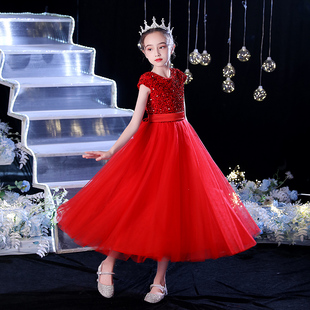 女童红色长款礼服儿童，蓬蓬裙主持人公主裙夏季生日钢琴演奏演出服