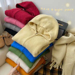 奶油鹅黄色双向拉链加厚连帽毛衣，外套女冬小个子短款温暖针织开衫