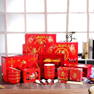 碗套装红釉福碗婚礼生日陶瓷，红色礼盒回礼，碗筷餐具伴手礼