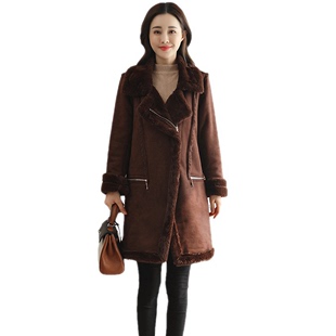 羊羔绒外套女秋冬中长款韩版时尚，大码遮肉显瘦保暖鹿皮绒棉衣
