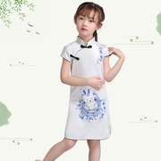 中国风青花瓷童装棉麻连衣裙2024儿童幼儿园短袖修身公主汉服