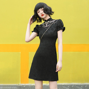 黑色旗袍女新中式改良年轻款，少女小个子短袖，国潮风2024夏季