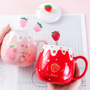 ins可爱陶瓷杯子带盖勺咖啡早餐杯少女心草莓马克杯情侣家用水杯