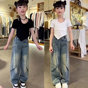 女童短袖套装夏季2024时髦儿童设计感不规则短款体恤潮牛仔裤