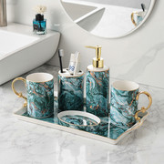 北欧浴室洗漱用品卫浴，五件套装卫生间刷牙漱口杯，牙具陶瓷托盘套件