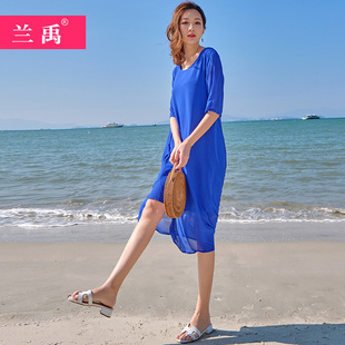 裙子女2023夏季蓝色雪纺，连衣裙海边度假宽松气质，沙滩长裙超仙