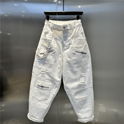 白色牛仔工装裤2024夏季欧货高腰大版型遮肉九分老爹裤垮裤女