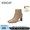 KISSCAT接吻猫2023冬季经典粗跟短靴高跟靴精致方头时装靴女