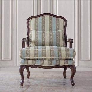 圣奇尼美式乡村单人，椅老虎椅康斯坦布艺条纹客厅卧室实木扶手椅