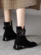 短靴女品牌2023春秋，粗跟方头小踝靴子，单靴法式复古中跟时尚马
