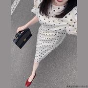 日本白色泡泡袖波点连衣裙女夏季2023小众气质收腰显瘦长裙子